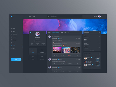 Twitter Redesign - Dark Mode app app design dark ui dashboard design designer flat design interface photos social network twitter ui ui design ux ux design web design