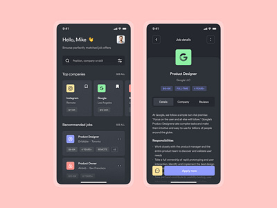 Job Board app app design application career colors dark mode dark ui design designer finder hiring job job board list mobile design search ui ui design user experience web design