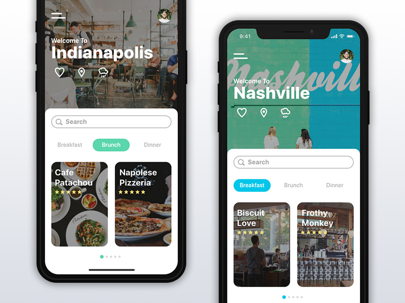 Food App For iPhone X indianapolis food app iphone x breakfast brunch lunch dinner city nashville travel app adobe xd daily ui