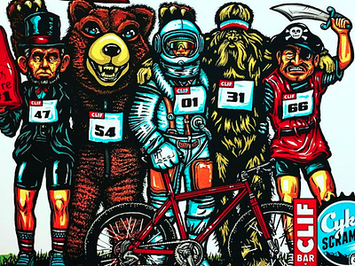 Ames Bros Clif Bar Cykel Scramble Artwork abe lincoln ames bros astronaut bear clif bar cykel scramble pirate sasquatch