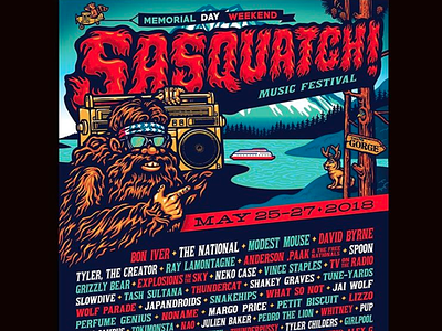 Sasquatch 2018 Poster Artwork By Ames Bros ames bros bon iver david byrne jai wolf modest mouse ray lamontagne sasquatch sasquatch music festival spoon the national tyler the creator