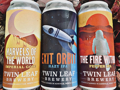 Twin Leaf Explorer Series asheville beer beer can beer label camal desert explore fire galaxy gose illustrated illustration ipa moon rocket sky stars sun volcano