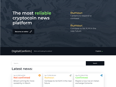 Digitalconfirm Cryptocurrency news site concept color cryptocurrencies hero homepage landing page news news site pattern texture web design