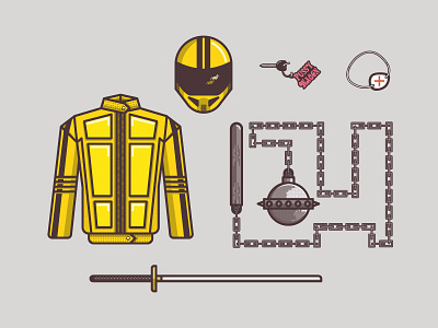 Kill Bill Items bike helmet icons illustration katana keys kill bill nunchaku pattern texture uniform vector