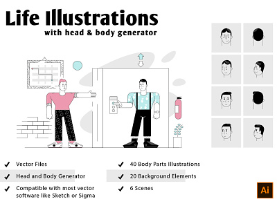 Life Illustrations with Head And Body Generator app illustration background body generator body parts business character design elevator head generator hero image humans illustrations illustrator illustrator design scene generator scenes stories vector web illustration
