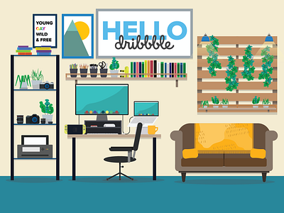 Hello Dribbble! firstshot flat flat design flat illustration flatdesign freelance design freelance space hello hello dribbble hellodribbble illustration office office space plants thanks for invite vector vector design vector illustration workspace