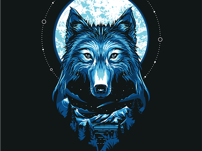 Wolf animal art design illustration lake moon moonlight mountain mountains night scenery sky stars vector wolf wolves