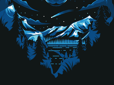 Mountains Illustration art blues bluesky concept forest illustration moonlight night sky snow starlight sky stars water wolf
