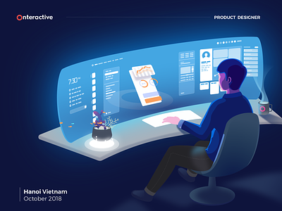 Onteractive's product designer 3d ar character characterdesign dark designer designspace desk futuristic illustration interactive interface notisometric perspective sci-fi widescreen