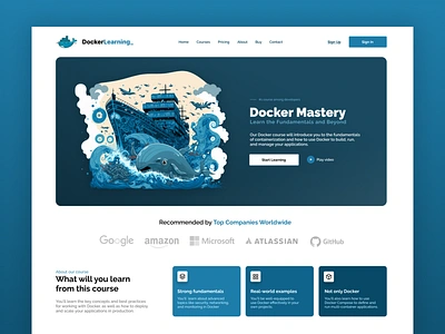 Docker course platform online blue home containerization conteneri docker docker compose docker swarm dolphins graphic design hero section homepage illustration kubernetes linux orchestration sea ui uiux ux water whales