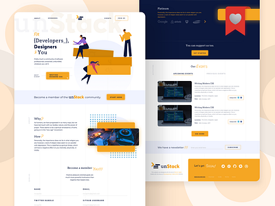 unStack - Landing Page blue community design designer developer event events illustration logo orange stack tech ui unstack