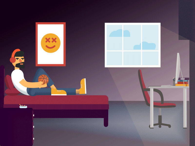 Chilling 2d adobe after affects animation basketball bedroom bored character chill creativecloud design dribbble grain illustrator jamming music relaxing room scene smoking