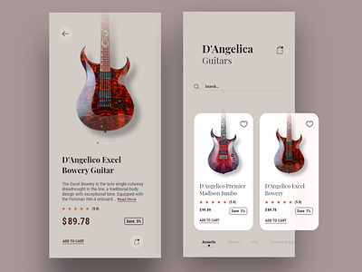 E-commerce Concept App | Guitar store app cards e commerce app guitars musical instruments online store typography ui ux visual design