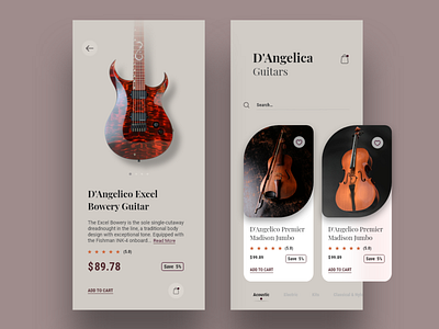 E-commerce concept App | Guitar Store | Version 2 app cards colors e commerce app guitars musical instruments typography ui ux visual design