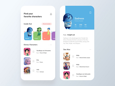 Disney Characters App app character character view page colors design disney disney world home page icons inside out ios ios app sadness typography ui ux vector visual design