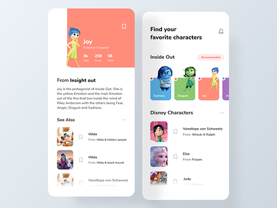 Disney Characters App #2 app cards characterpage design colors design disney homepage design icons inside out ios joycharacter typography ui uidesign uidesigner uiux uiuxdesigner ux uxdesign visual design