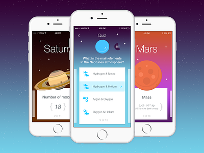 Space Quiz App app cards design flat game interface ios planet quiz space ui ux