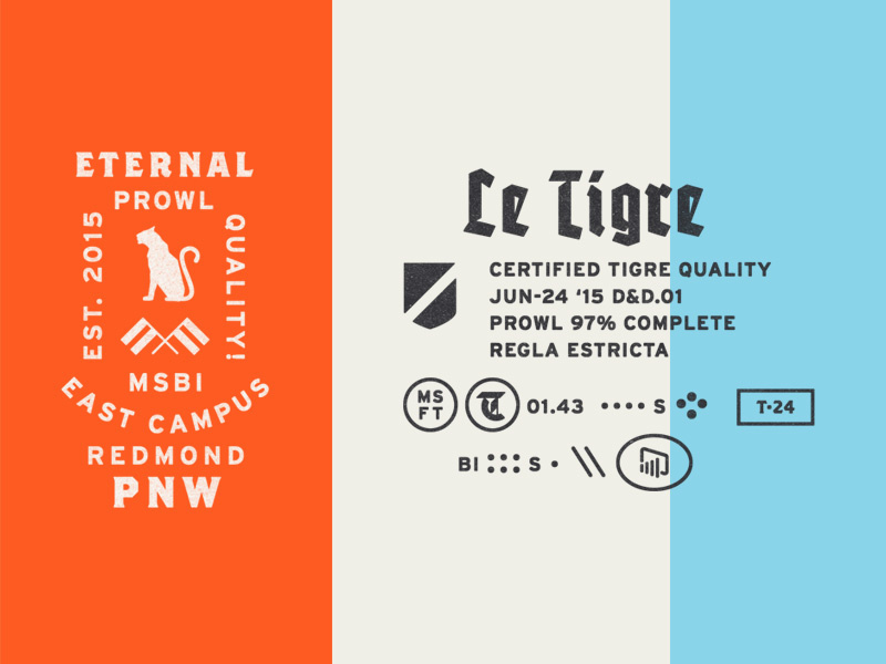 Le Tigre Knick-Knacks blackletter typography badge tiger