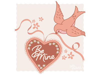Be Mine art artist bird illustration flower heart illustration minimal design neutral colors retro ribbon swallow valentines day vintage style