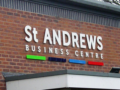 St Andrews Sign business centre outdoor sign stripes text