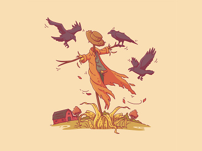 Scarecrow In Field autumn barn crows fall illustration illustration art october windsurf