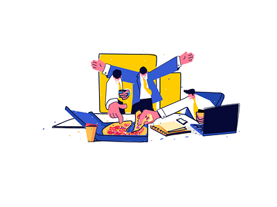 Finally!! character characterdesign clean colors flat illustration icon illustration minimal mobile office pizza vector working
