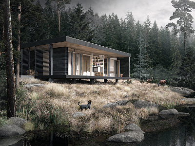 Lake Cabin 01 3d architecture archviz cabin cgi design forest lake nature render trees wood