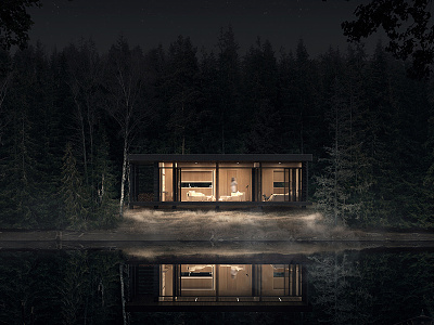 Lake Cabin 02 3d architecture archiviz cabin cgi design forest lake nature render trees wood