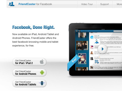 FriendCaster Landing Page, Revisited buttons facebook friendcaster ipad