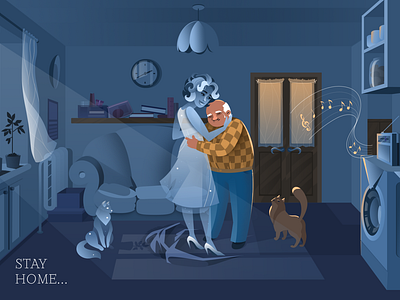 Grandma adobe illustrator art cats charactedesign cute art design family grandma grandpa home human illustration night people postcard quarantine room stay home stayhome vector