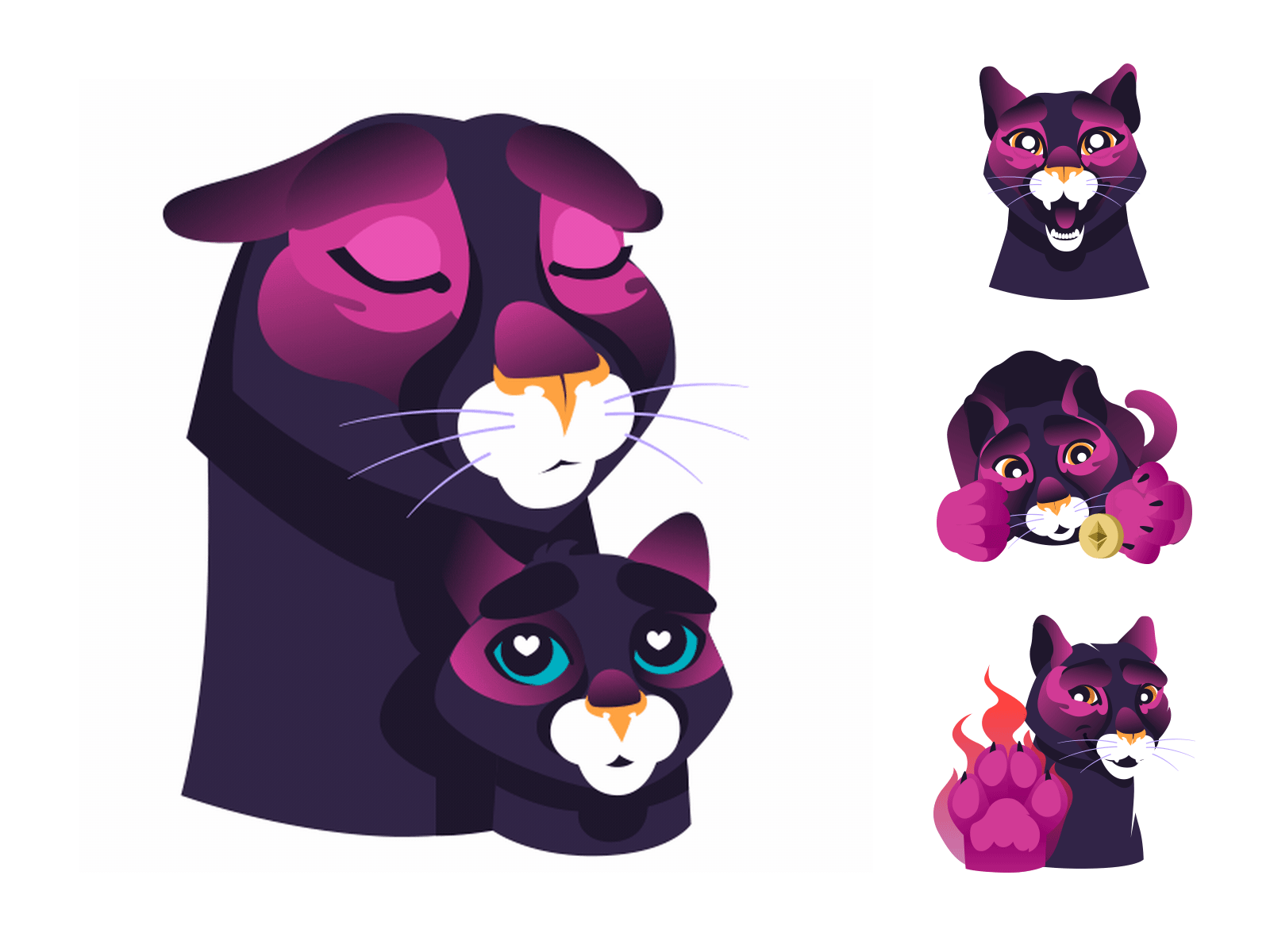 Сute purple cougar sticker pack adobe after effects adobe illustrator animals illustrated animation art cat charactedesign character character animation cougar cute art design design art icon illustration love purple sticker pack stickers vector