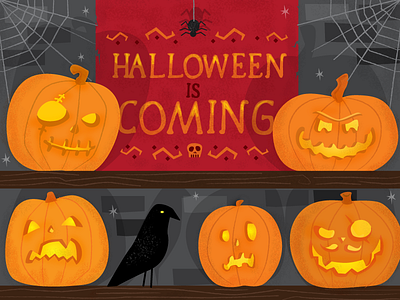 Beware of the pumpkins crow halloween illustration orange pumpkins spider web