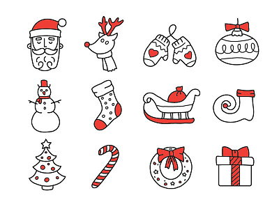 Holiday Icons christmas hand drawn holidays icons line new year red vector