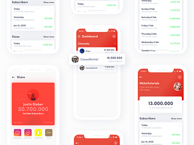 App UI for YTCount v3 analytics app card charts dashboad design fortnite ios iphone justin bieber light mobile mobile design shadows statistics ui ux youtube