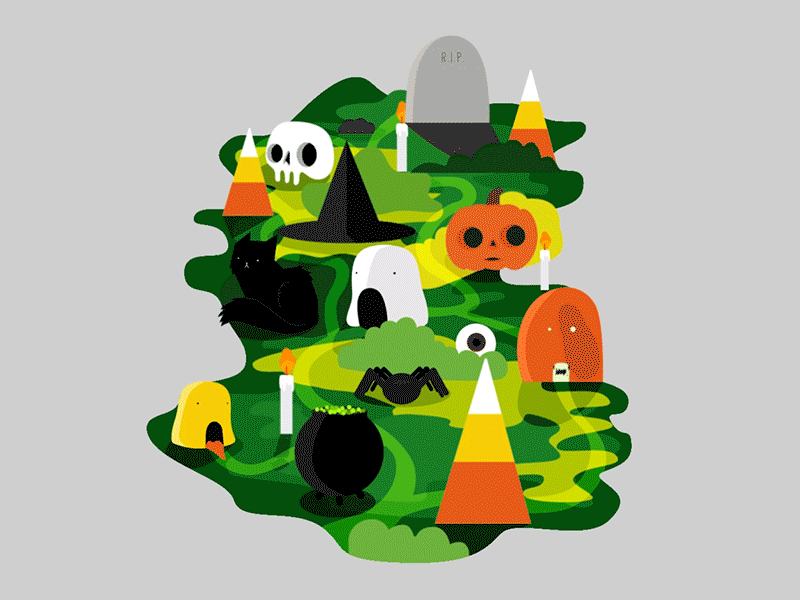 Halloween Land 2d animation candle candy candycorn cat design ghost graveyard halloween halloween design haunted jack-o-lantern motion motiongraphics october pumpkin spider spooky zombie