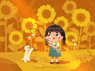 Catch Dragonfly with my cat cat childhood illustration