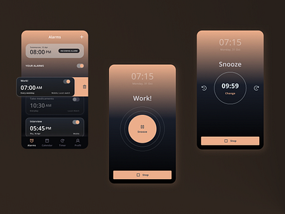 Alarm Clock mobile app for iOS alarm clear dark light dark mode gradient incoming alarm list minimal mobile snooz swipe element
