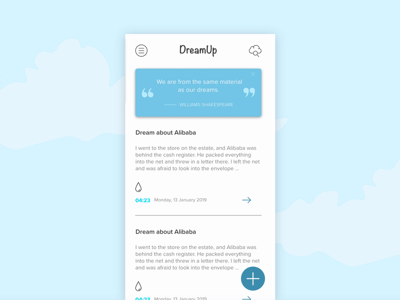 DreamUp - mobile app card dreams hamburger menu list menu mobile