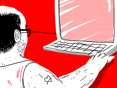 Computer guy black deceiving editorial illustration red white