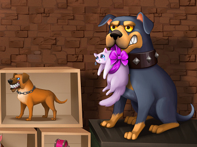 Save the cat! cartoon cat character digital painting dog game illustration