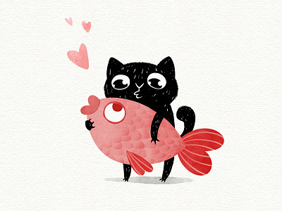 You are quite a catch! black cartoon cat character cute drawing fish illustration ink kiss valentine