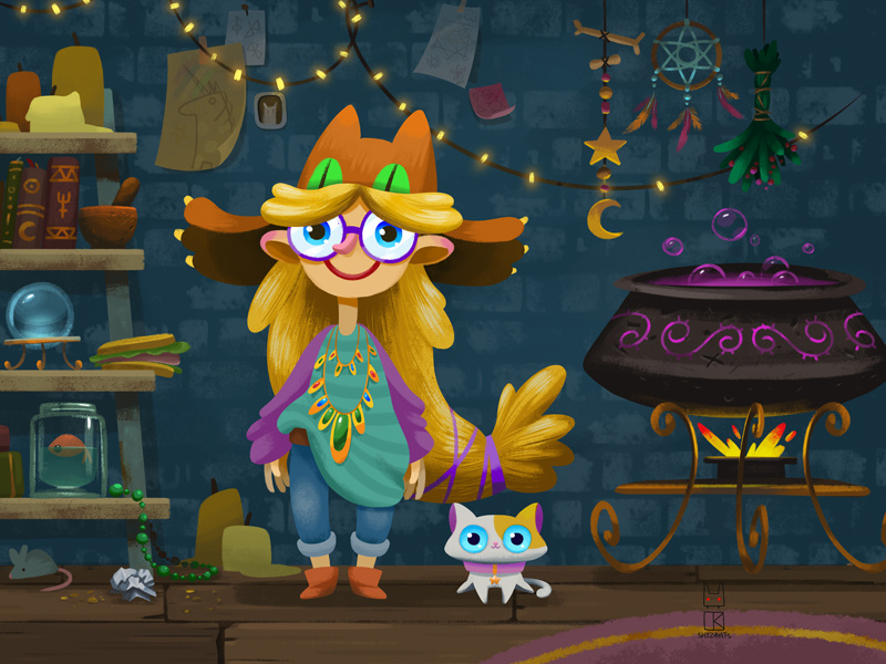 Daisy the witch and Lancelot the cat cauldron inventory room childrens illustration witchcraft girl magic storybook illustration game cat witch
