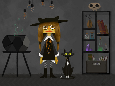 Margo the witch and Mimsy the cat cat cauldron childrens illustration game girl illustration inventory magic room storybook witch witchcraft