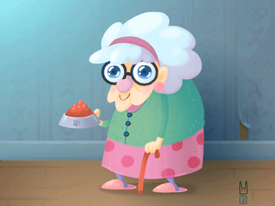 Here Dribbble, Dribbble, Dribbble! animation cane cartoon cat lady character dinner glasses lady old
