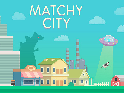 Matchy city game cover city cow falt game godzilla house illustration ufo vector