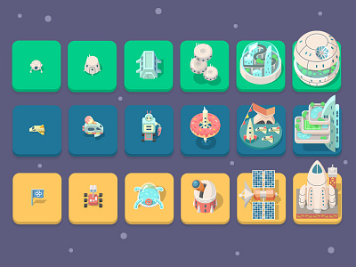space set for Matchy City game buildings flat game icon illustration puzzle rocket satellite space vector