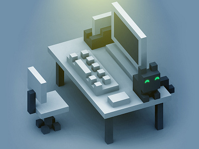 Home Office 3d cat chair computer desk isometric lowpoly office voxel