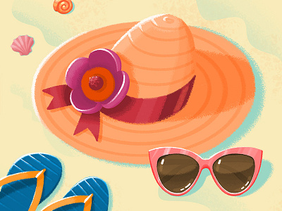 Beach still life beach flipflops hat illustration sand sea seashels summer sunglasses vacation