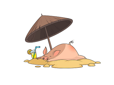 Getting tanned beach cartoon illustration pig sand sun sunscreen suntan tan umbrella vacation vector