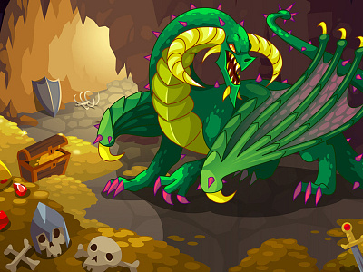 Level 8 green dragon boss cave character dragon gold illustration lair level monster treasure vector